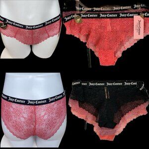 Juicy Couture L Black-Coral-Lilac Floral Lace Logo Waistband Cheeky Panties-3-Pk